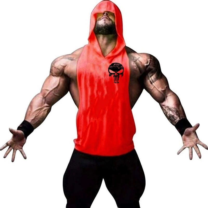 Men Bodybuilding Cotton Skulls Tank Top Gyms Fitness Hooded Vest Sleeveless Shirt Summer Casual Fashion Workout Brand Clothing