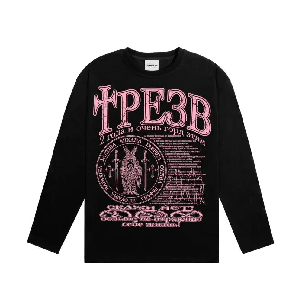 Oversized Men's Clothing Streetwear Sober Print Autumn Hip Hop Korean Long Sleeve Y2k Tops Tee Cotton Graphic Unisex Tshirt Goth