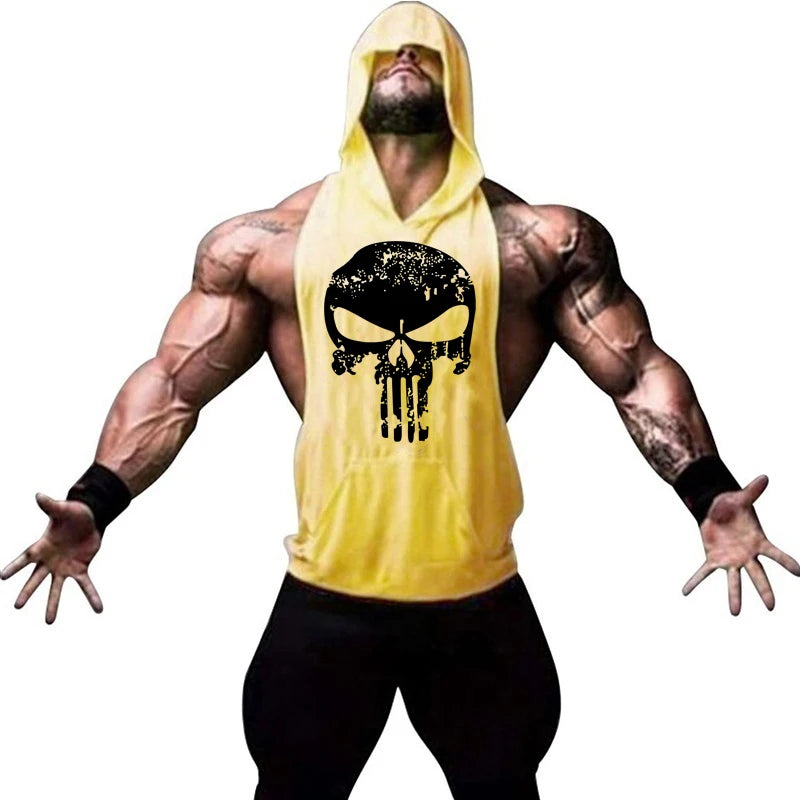Men Bodybuilding Cotton Skulls Tank Top Gyms Fitness Hooded Vest Sleeveless Shirt Summer Casual Fashion Workout Brand Clothing