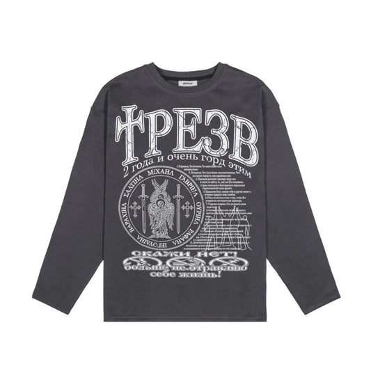 Oversized Men's Clothing Streetwear Sober Print Autumn Hip Hop Korean Long Sleeve Y2k Tops Tee Cotton Graphic Unisex Tshirt Goth
