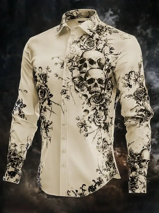 Hip Hop Skull Print Shirt Men Streetwear 2025 Long Sleeve Tops Urban Trendy Graphic Tee Shirt Casual Loose Fit Gothic Clothing