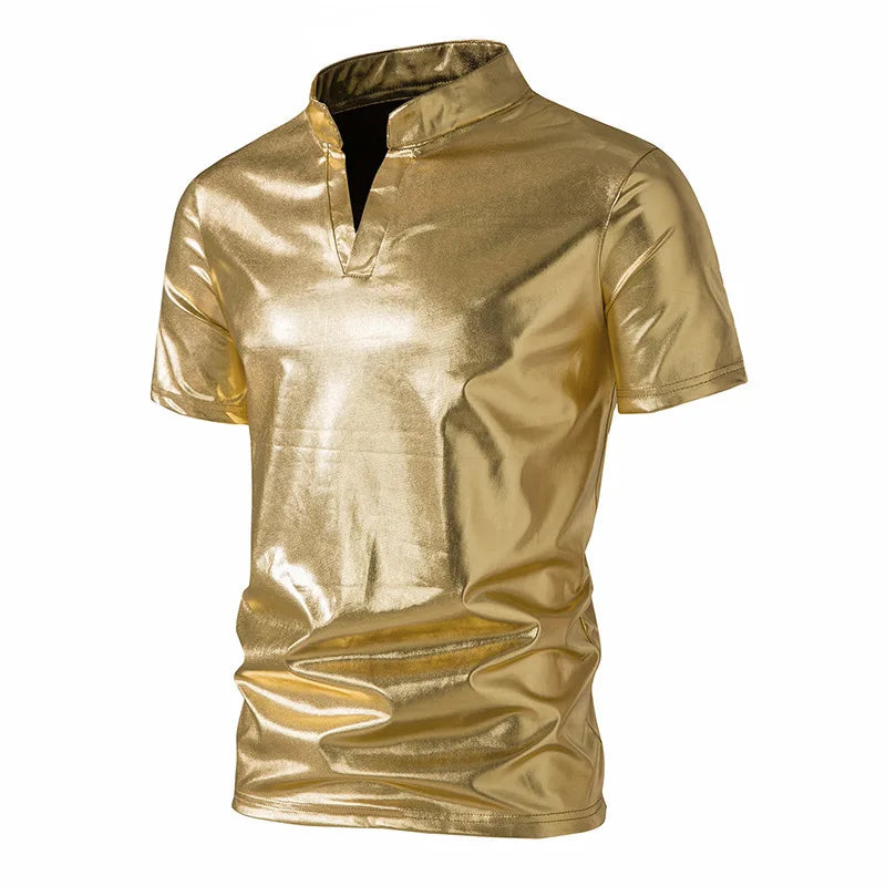 2025 Summer New Men's Glossy Short Sleeve T-Shirt European Size Men's Casual Nightclub T-Shirt