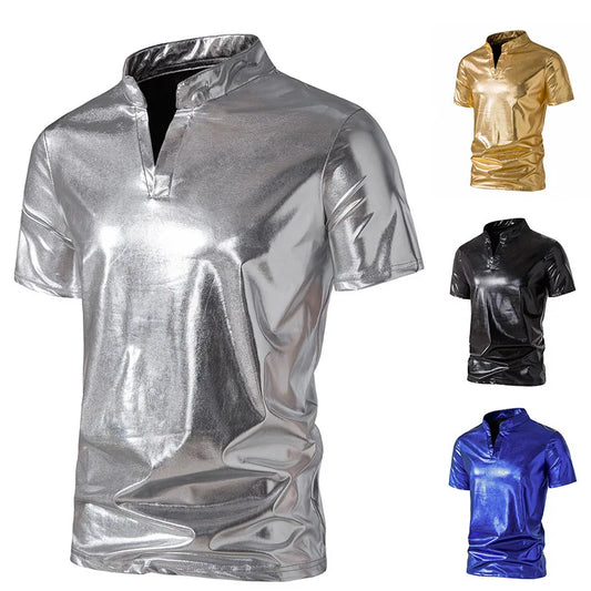 2025 Summer New Men's Glossy Short Sleeve T-Shirt European Size Men's Casual Nightclub T-Shirt